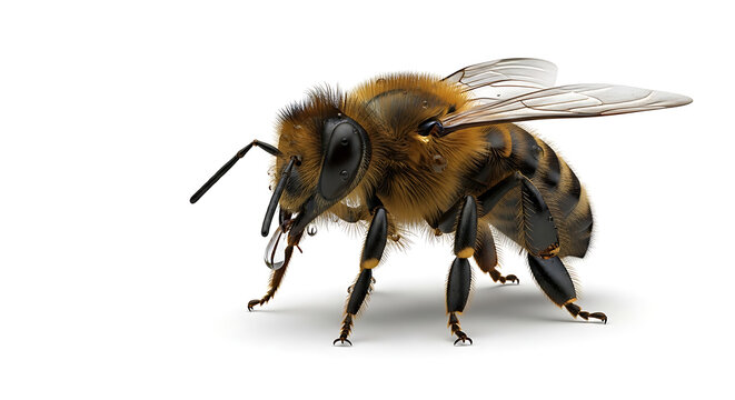 Detailed close-up of a honey bee with striped abdomen and transparent wings on a white background, natural insect illustration, macro view