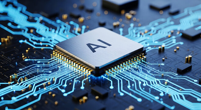 Close up of a central processing unit chip with A I text and glowing blue circuits