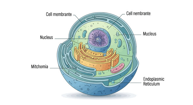 Cross-Section Illustration of an Animal Cell with Labeled Organelles Including Nucleus Endoplasmic Reticulum and Cell Membrane in Detailed Style