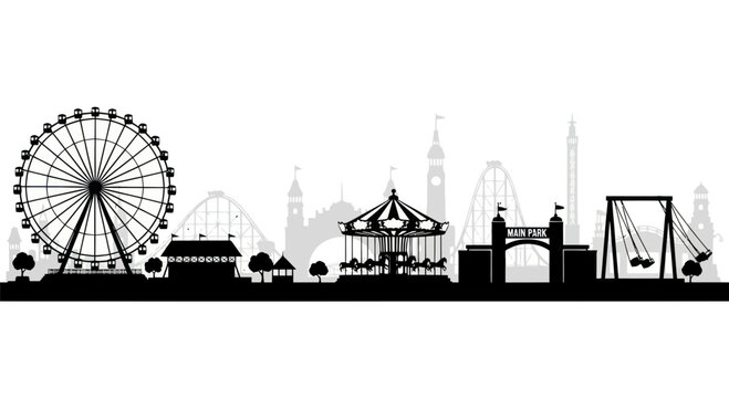 Amusement Park Silhouette Skyline with Ferris Wheel, Carousel, Roller Coaster, and Swings