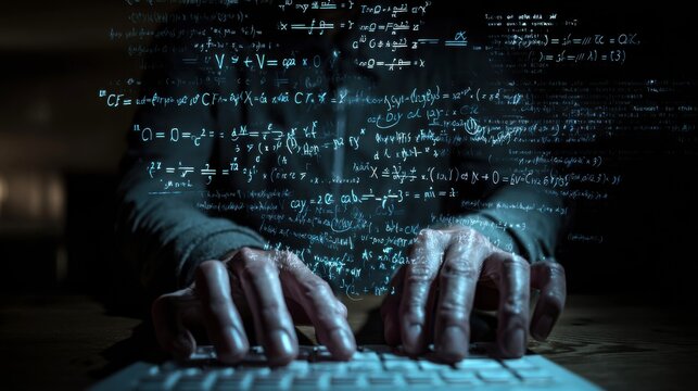 Cybersecurity hacker typing on keyboard with digital math formulas, data encryption and computer programming code, dark cinematic technology background