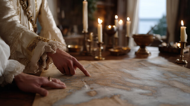 Aged WWII map spread across a kitchen table under candlelight, gnarled elderly hands pointing to a European village, survivor storytelling, wartime memory preservation, living history education, gra