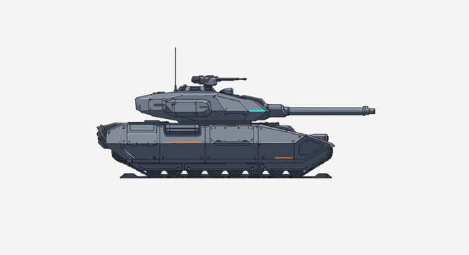 Futuristic pixel art tank with advanced weaponry on white background retro style combat vehicle pixelated war machine illustration