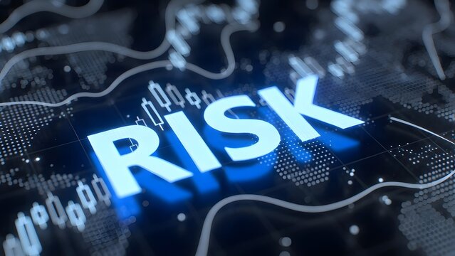 Glowing 3D RISK text over digital candlestick charts and topographic lines. Financial uncertainty and market volatility. Bold blue word floating on a technical trading background