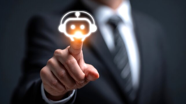 Artificial intelligence chatbot icon glowing on businessman finger, digital customer service assistant, virtual support bot technology concept