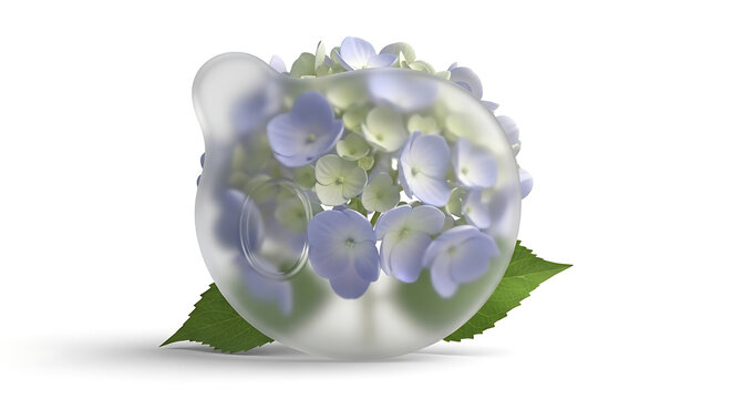 Delicate frosted glass sphere containing blue and green hydrangea flowers, isolated on white, suggesting spring or summer bloom, gentle beauty, natural elements
