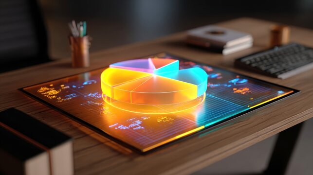 3D pie chart glowing on digital tablet screen, holographic business data visualization on office desk, financial analytics and market statistics