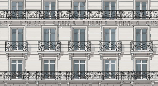 Ornate balconies and windows of a classic building facade
