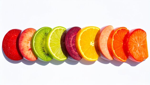 Fruit slices arranged like a rainbow gradient from red to purple, perfectly aligned, minimal shadow, clean commercial design style
