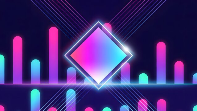 Neon square frame over glowing equalizer bars and geometric lines. Retro futuristic music and digital sound design. Bright pink and blue shapes forming an abstract tech background