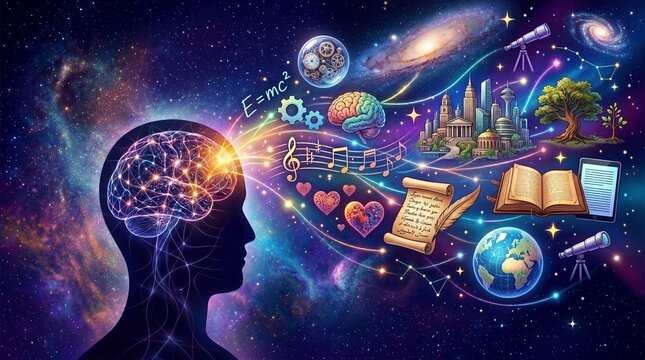 A cosmic illustration of a human brain emitting streams of knowledge, creativity, and imagination, symbolizing intelligence and learning.