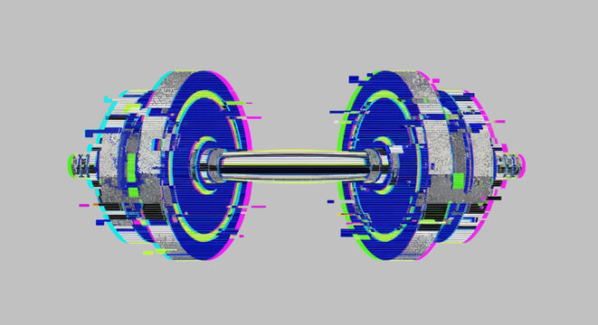 Glitchy dumbbell with digital noise effect and futuristic cyber design on a grey backdrop for modern fitness and technology concept