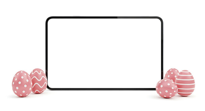Digital tablet displaying a blank screen surrounded by pink Easter eggs with white patterns, ideal for spring holiday promotions or digital greeting cards