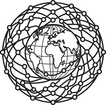 Black and white illustration of globe with connected lines and dots