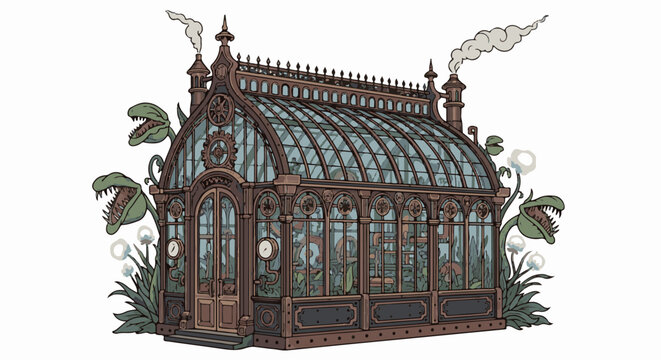 Victorian greenhouse with dangerous carnivorous plants and mechanical elements