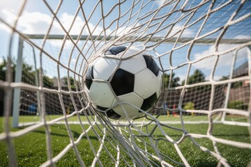 Naklejka premium Soccer ball striking the goal net captured from behind with dynamic motion