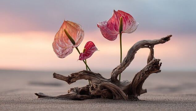 Delicate blooms rise from weathered wood in a serene desert landscape