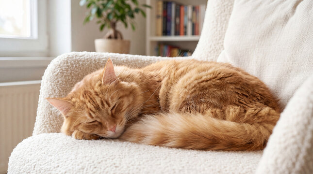 Charming ginger cat curled up in a deep, peaceful sleep on a comfortable, plush armchair at home.