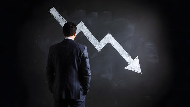 Man in a business suit facing a chalkboard with a zigzag falling arrow. Economic downturn and budget deficit planning. Executive contemplating a financial failure on a dark background