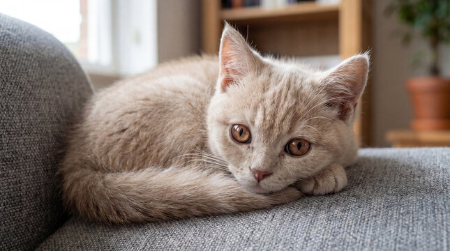 Adorable photograph of a cream-colored kitten with large amber eyes lying comfortably on a gray sofa.
