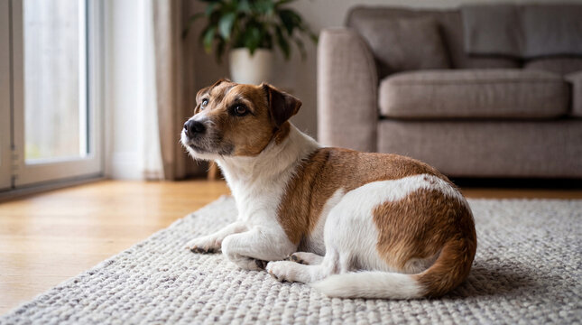 Attentive brown and white Jack Russell Terrier mix dog resting on a cozy rug in a sunlit living room.