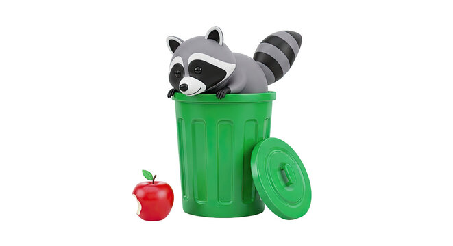 Cute 3D Raccoon in a Green Trash Can with a Bitten Apple