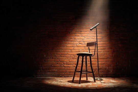 Empty stage with spotlight on stool and microphone