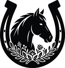Fototapeta premium Horseshoe with horse head and leafy branch ornaments silhouette for luck emblem.