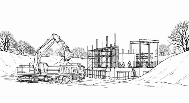 Construction scene with excavator, dump truck, and building framework