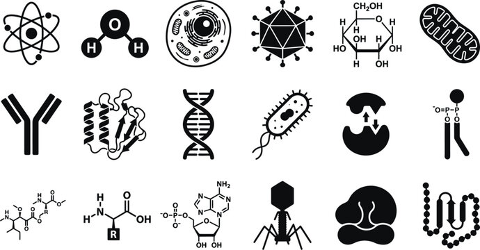 Cellular Structures and Biological Molecules: Vector Icons Set Depicting Atoms, Molecules, Cells, DNA, and Viruses