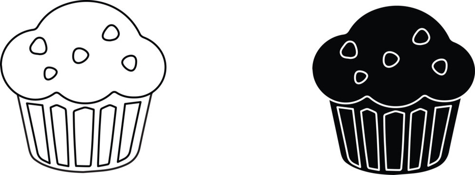 Minimalist muffin icon set, chocolate chip cupcake vector illustrations, simple black and white bakery symbols for menu design and food branding
