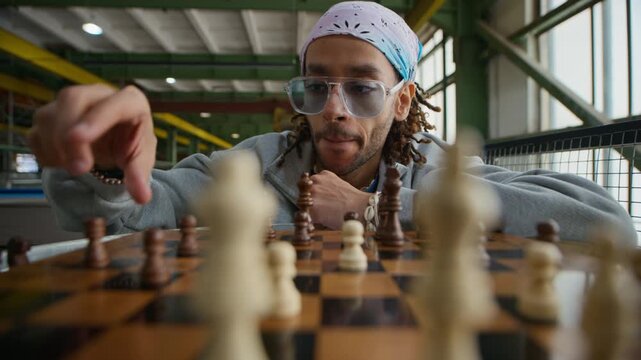 Stab closeup shot of young Biracial guy wearing hipster bandana and sunglasses thinking and making move while playing chess on board in spacious industrial loft with overhead beams