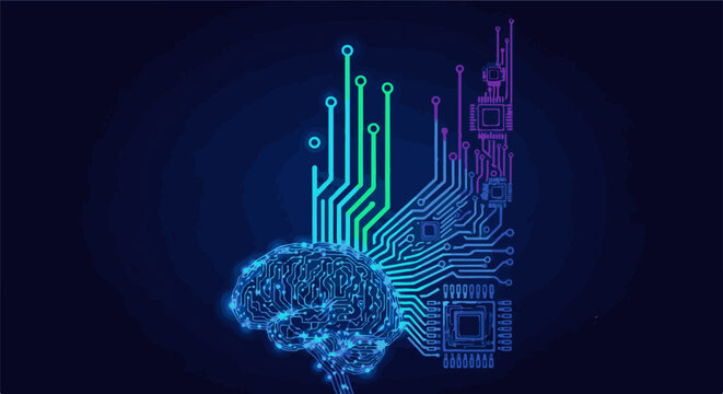 Abstract digital brain with glowing circuitry on a dark blue background