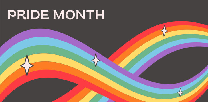 Pride Month banner with waving rainbow ribbons and sparkles on dark background. Abstract LGBTQ infinity flow background with inclusive colors and minimalist typography for celebration events. Vector.