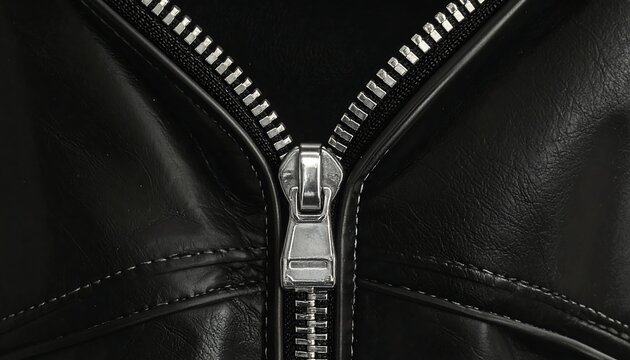 A close-up of a black leather jacket's zipper and stitching