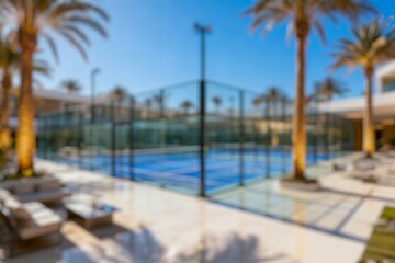 Fototapeta premium Soft focus view of an elegant sports court near a villa, capturing summer vibes and upscale outdoor living.