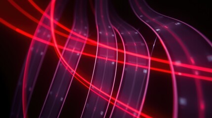 Naklejka premium Abstract lines, vibrant red glows, dark background. Curves intersect, creating dynamic visual effect. Modern digital art.