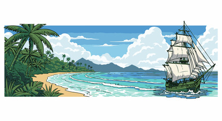 Obraz premium Pixel art of a tropical beach with a sailing ship offshore