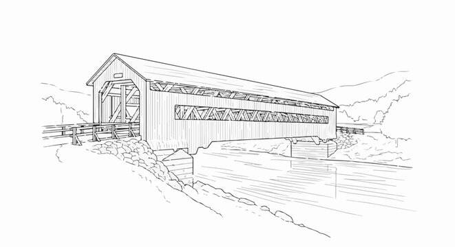 Sketch of a rustic wooden covered bridge spanning a flowing river with surrounding hills