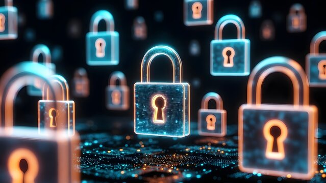Modern data center security and server farm protection. Cloud computing safety and encryption. Digital padlocks hovering over a high tech server floor with glowing lights