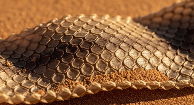 Close-up of a shed rattlesnake skin showing intricate scale patterns and texture.