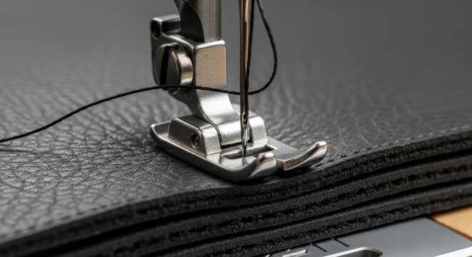 Close-up of a sewing machine needle and presser foot stitching black fabric.