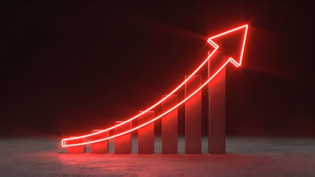 Exponential business growth and market expansion. Financial data visualization and success. Bright red neon arrow curving upward over vertical bar charts