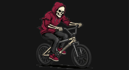 Naklejka premium Dynamic Skeleton Character in Red Hoodie Riding BMX Bike with Dark Background Illustration