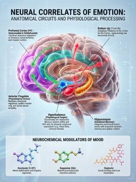 Detailed Illustration of Neural Correlates of Emotion Showcasing Anatomical Circuits and Physiological Processing in the Brain