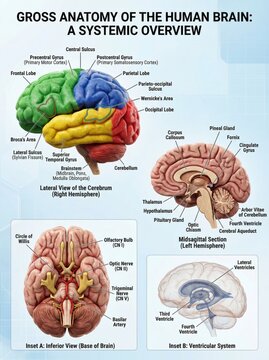 Detailed Anatomical Illustration of the Human Brain with Labeled Structures and Views for Educational Purposes