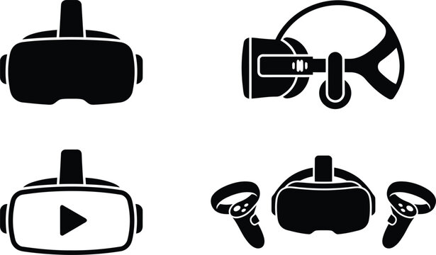 Set of virtual reality headset icons with vr goggles and controllers