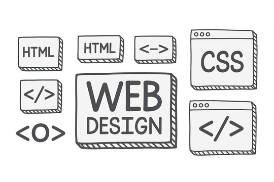 Web design icons and symbols including HTML CSS and code snippets hand-drawn illustration for digital development and programming concepts