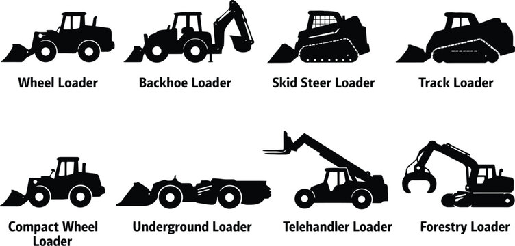 Heavy construction equipment loaders. Wheel, backhoe, skid steer, track, compact, underground, telehandler.