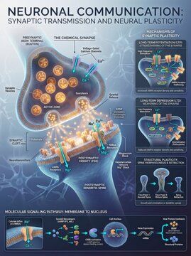 Detailed Infographic on Neuronal Communication: Synaptic Transmission, Neural Plasticity, and Molecular Pathways Illustrated